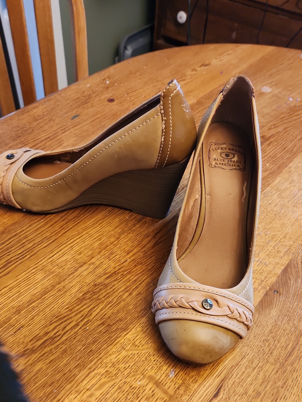 Lucky Brand Braided Tan Wedge Pumps